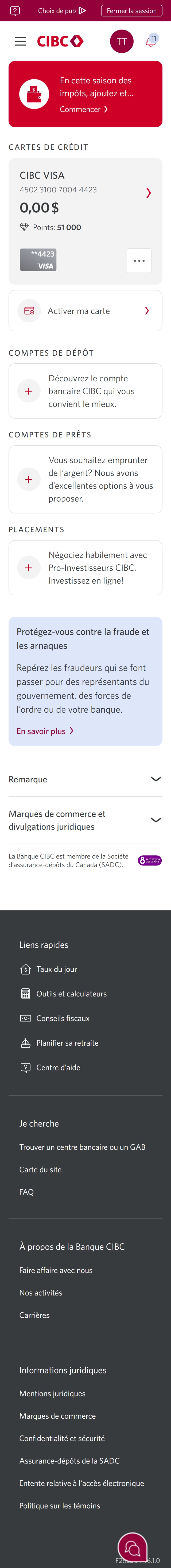 Écran 2 de la démonstration : Page d’accueil de Services bancaires CIBC en direct. Une animation dynamique met en évidence le bouton « Plus d’options » pour une carte de crédit.