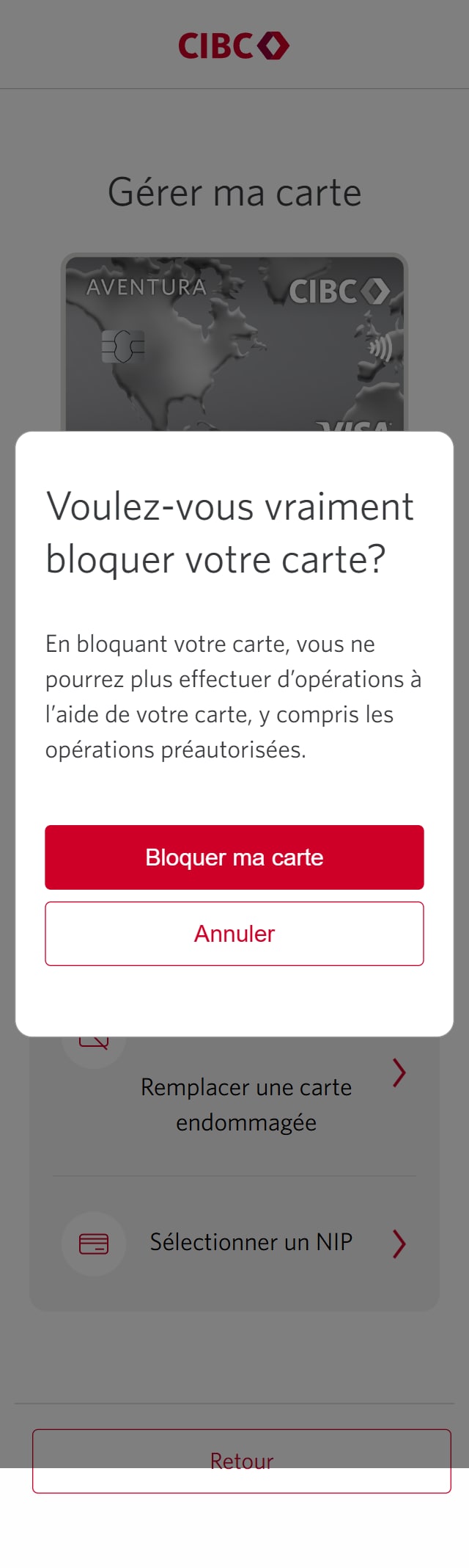 Écran 5 de la démonstration : Boîte de dialogue superposée vous demandant de confirmer votre choix. Une animation dynamique met en évidence le bouton Bloquer ma carte.