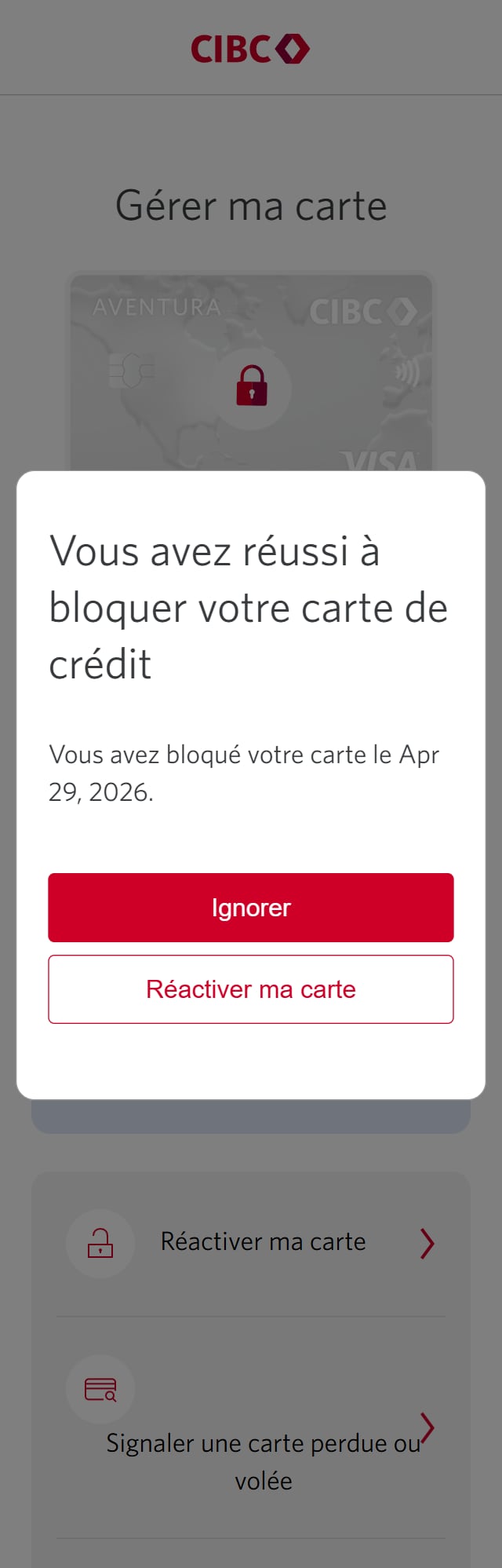 Écran 6 de la démonstration : Boîte de dialogue superposée avec un message de confirmation. Une animation dynamique met en évidence le bouton Ignorer.