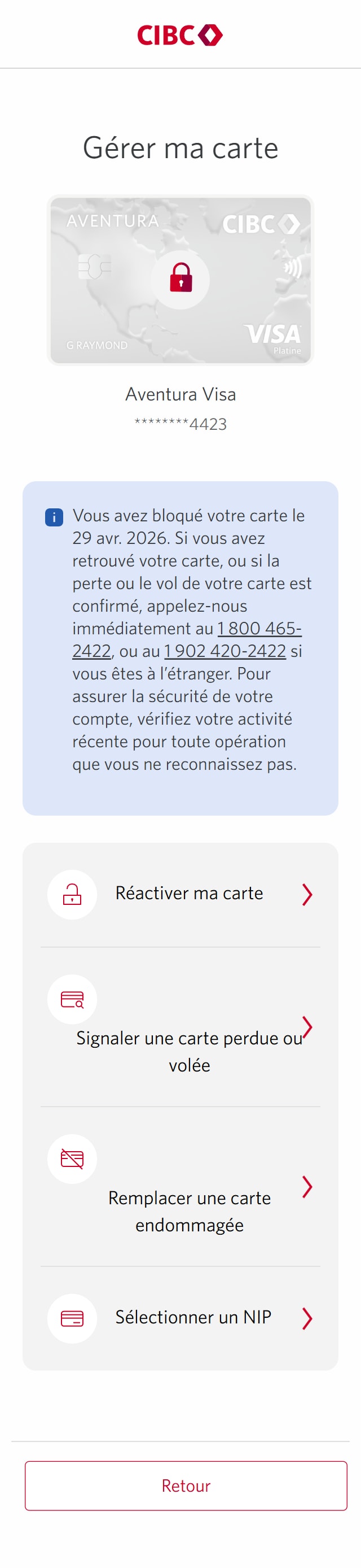 Écran 7 de la démonstration : Page Gérer ma carte. Une animation dynamique met en évidence le bouton « Réactiver ma carte » dans une liste d’actions.