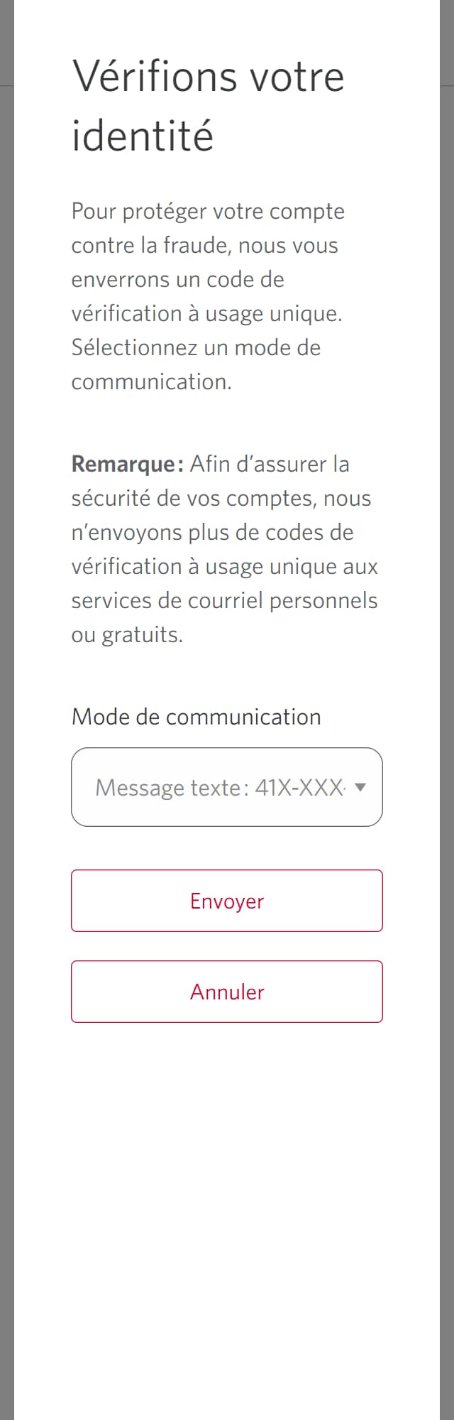 Écran 8 de la démonstration : Boîte de dialogue superposée avec un formulaire pour confirmer l’identité. Une animation dynamique met en évidence le bouton Envoyer le code.