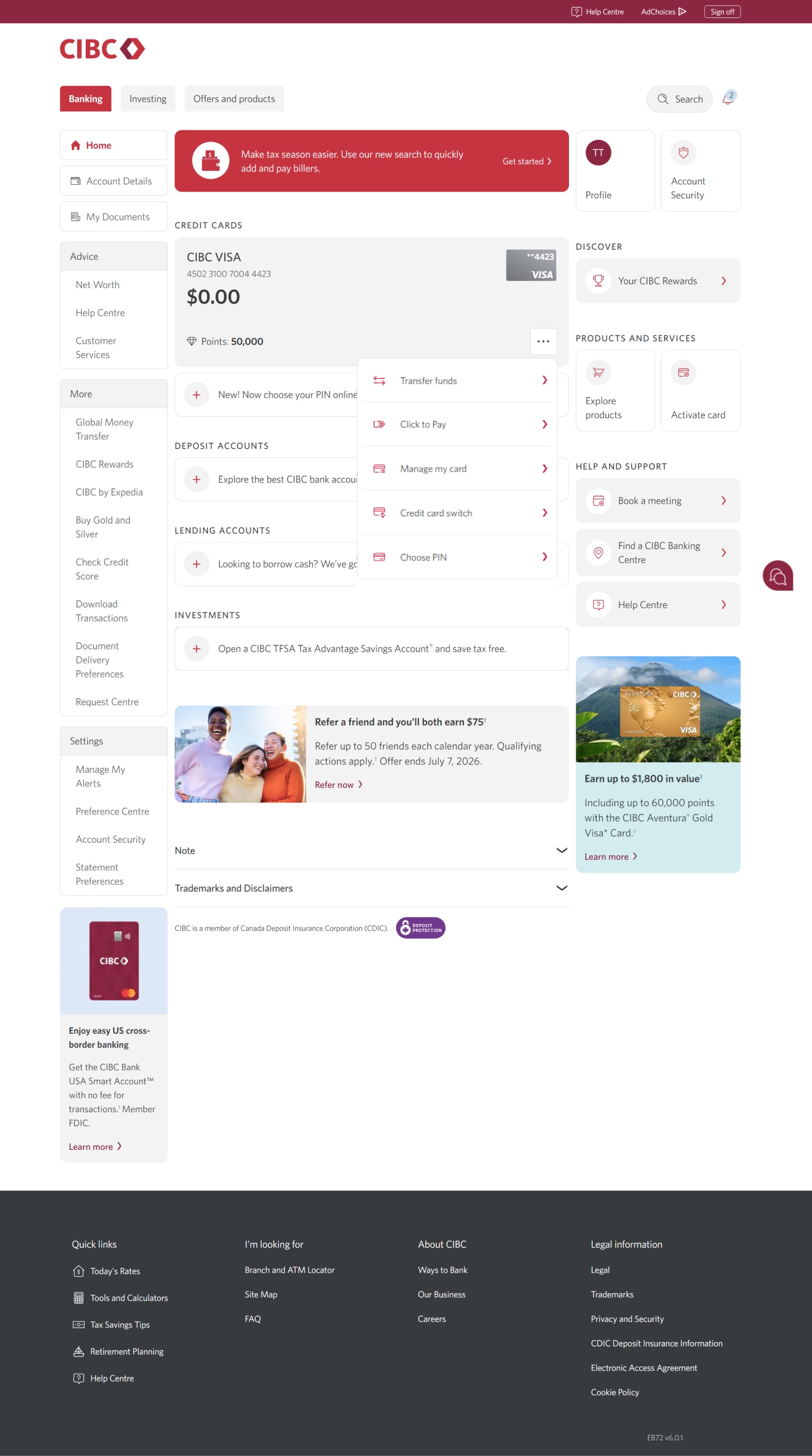 Demo screen 3: CIBC Online Banking homepage with a dropdown menu. A pulsing animation highlights the "Manage my card" link.