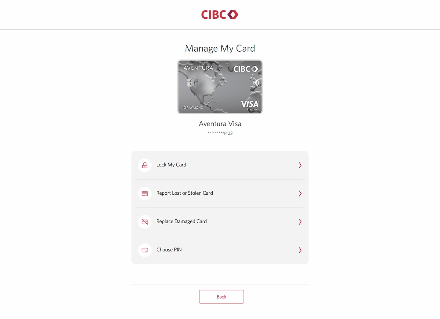 Demo screen 4: Manage My Card page for a card. A pulsing animation highlights the "Choose PIN" button on a list of actions.