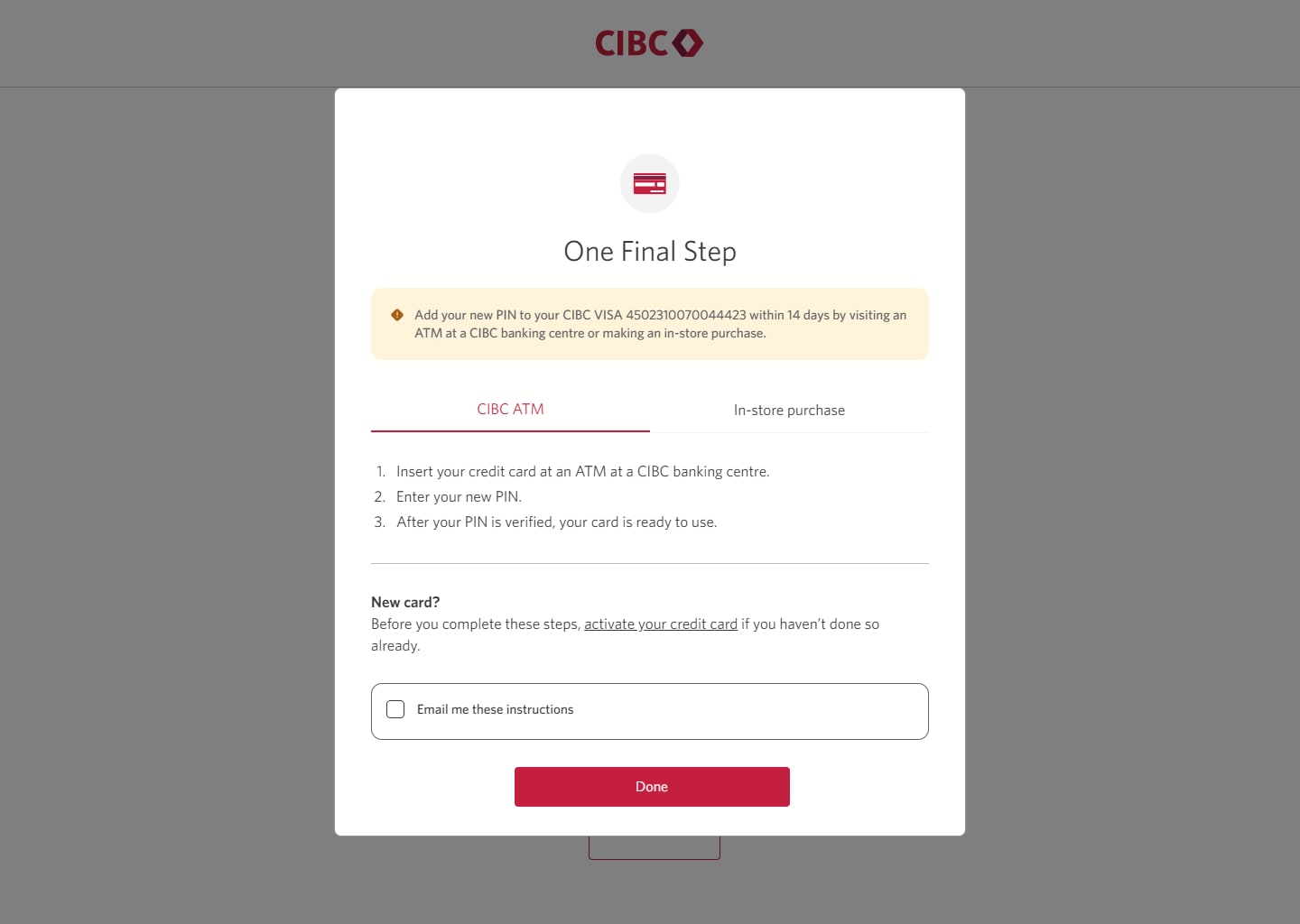 Demo screen 9: Dialog overlay with instructions to confirm your PIN in-person. A pulsing animation highlights the "In-store purchase" tab.