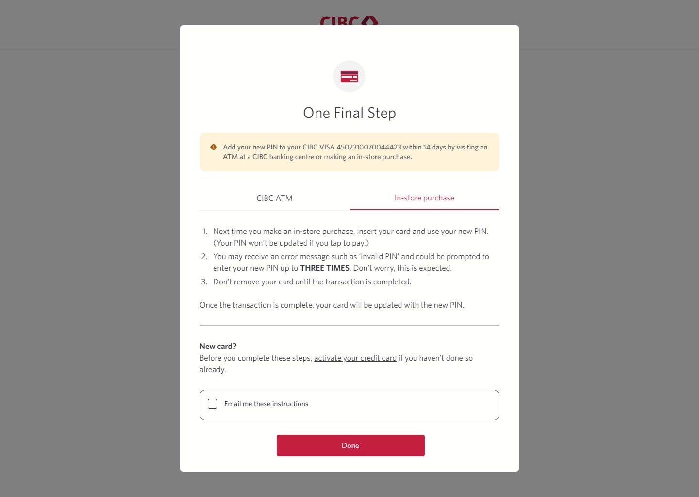 Demo screen 10: Dialog overlay with instructions to confirm your PIN in-person. A pulsing animation highlights the "Done" button.