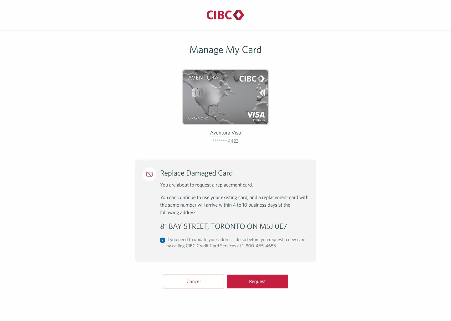 Demo screen 12: Manage My Card page for a card. A pulsing animation highlights the "Request" button.