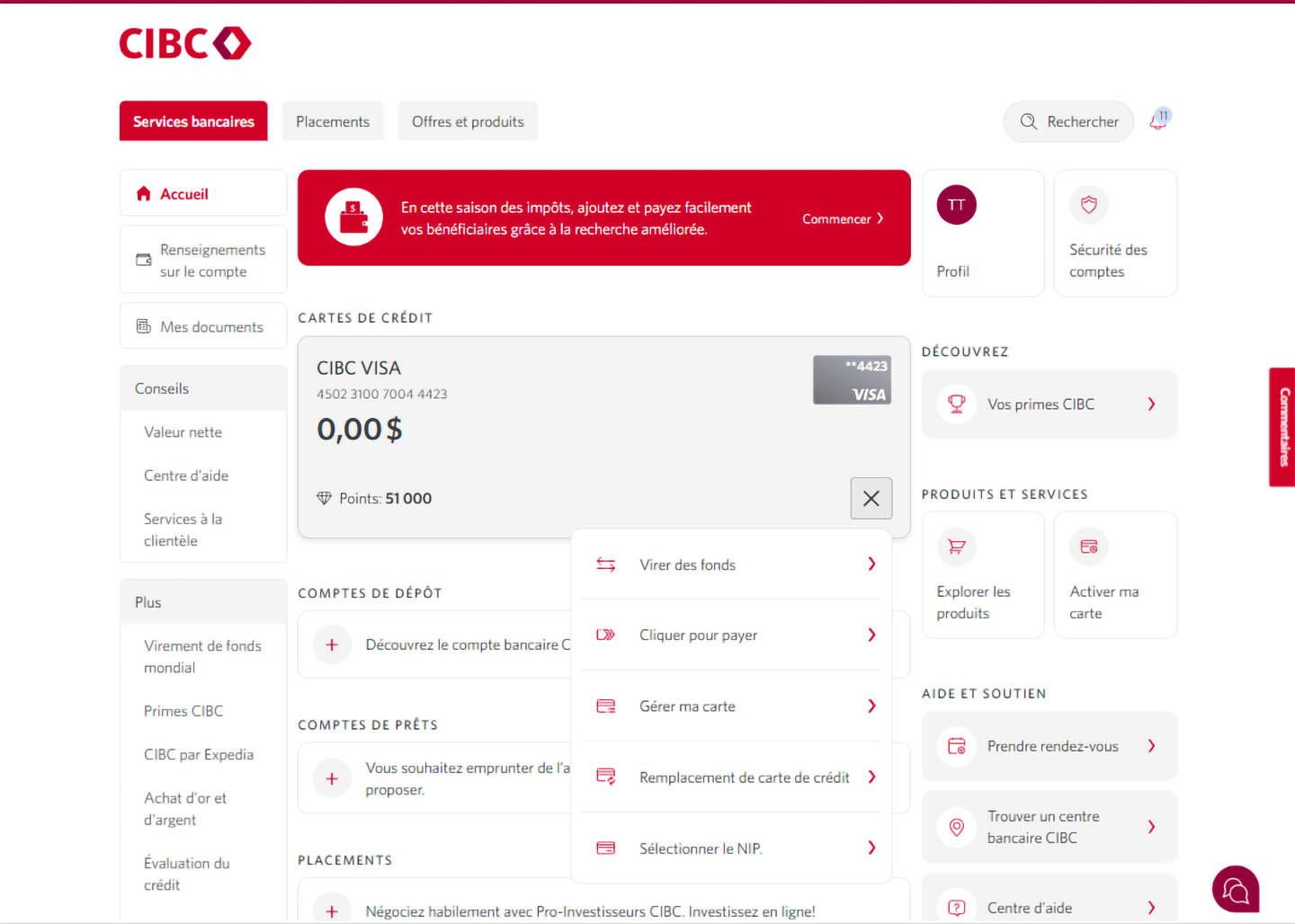 Écran 3 de la démonstration : Page d’accueil de Services bancaires CIBC en direct avec un menu déroulant. Une animation dynamique met en évidence le lien Gérer ma carte.