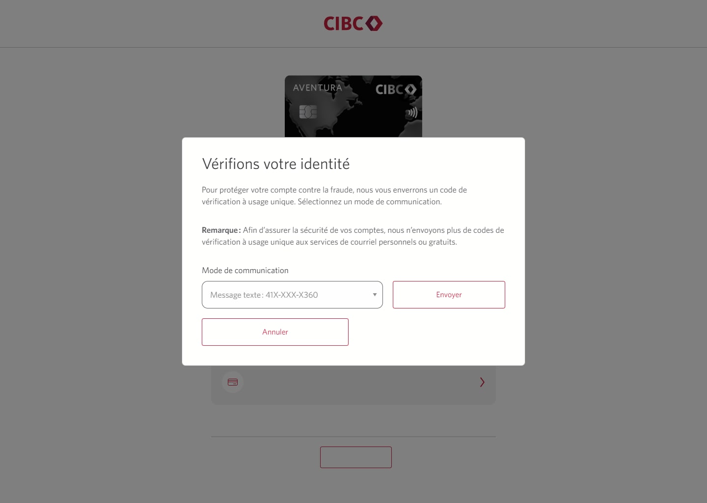 Écran 7 de la démonstration : Boîte de dialogue superposée avec un formulaire pour confirmer l’identité. Une animation dynamique met en évidence le bouton Envoyer le code.