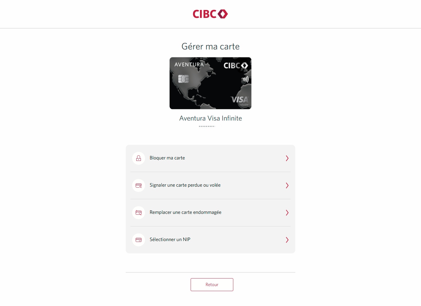 Écran 11 de la démonstration : Page Gérer ma carte pour une carte. Une animation dynamique met en évidence le bouton « Remplacer une carte endommagée » dans une liste d’actions.