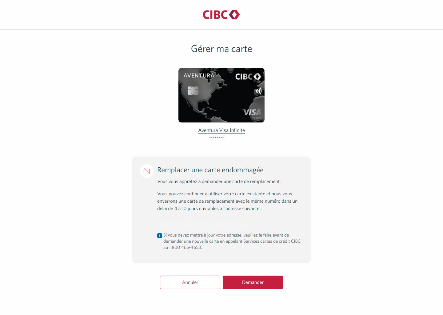 Écran 12 de la démonstration : Page Gérer ma carte pour une carte. Une animation dynamique met en évidence le bouton Demander.
