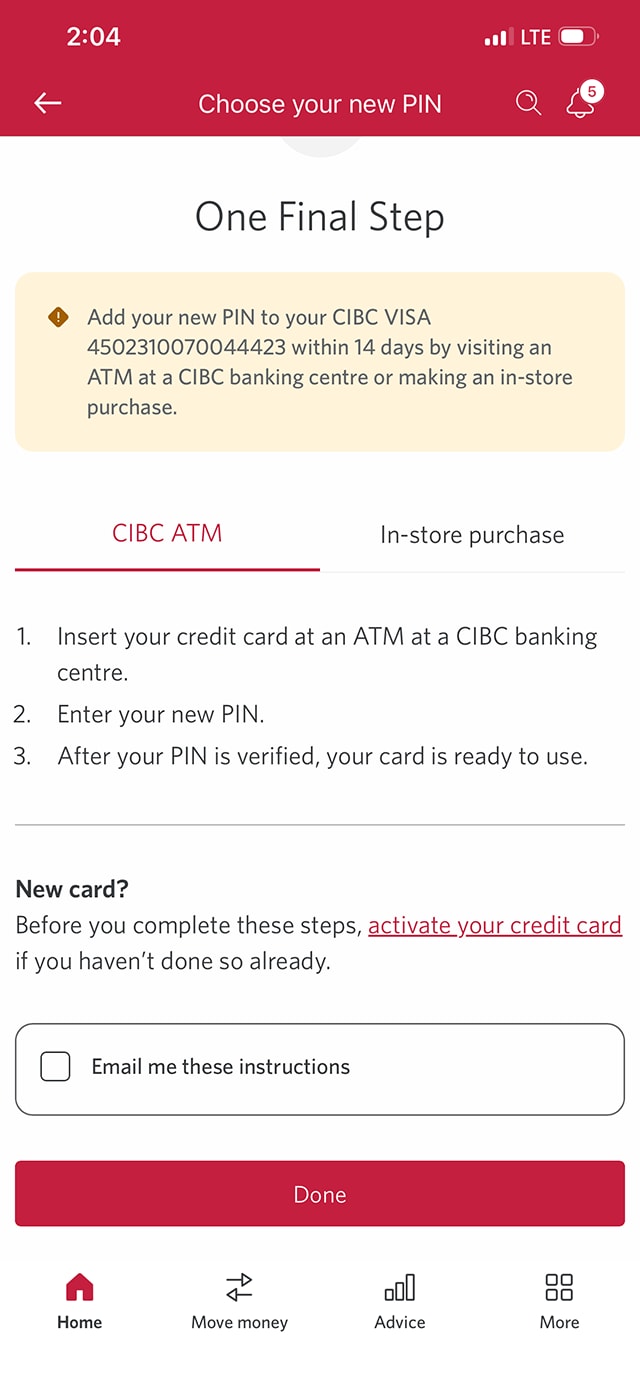 Demo screen 6: Choose your new PIN page with instructions to confirm your PIN in-person. A pulsing animation highlights the "In-store purchase" tab.