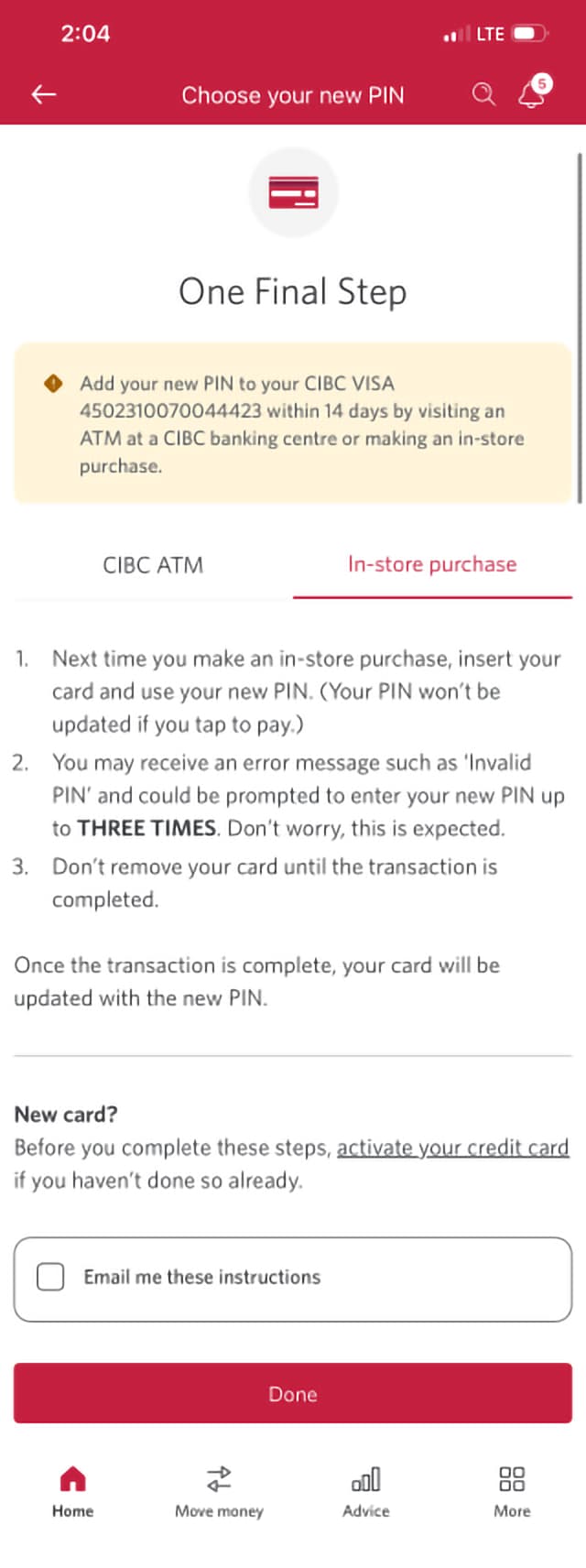 Demo screen 7: Choose your new PIN page with instructions to confirm your PIN in-person. A pulsing animation highlights the "Done" button.