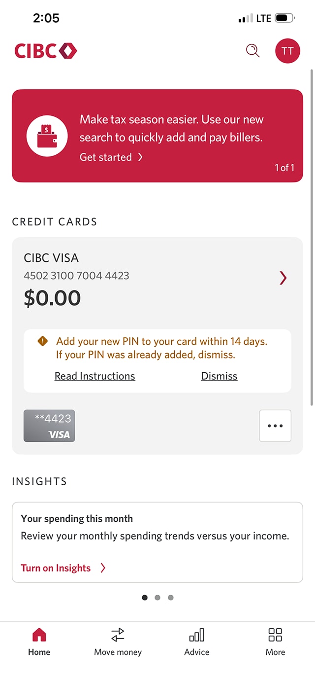 Demo screen 8: CIBC Online Banking homepage. A pulsing animation highlights the three-dot menu for a credit card.