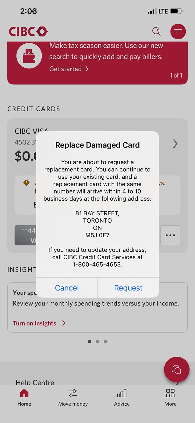 Demo screen 10: Manage My Card page with overlay to replace a card. A pulsing animation highlights the "Request" button.