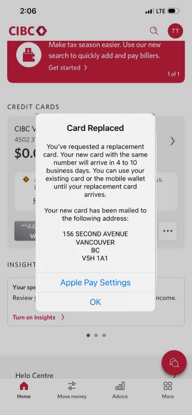 Demo screen 11: Confirmation message stating that a replacement card has been requested. No pulsing animation.