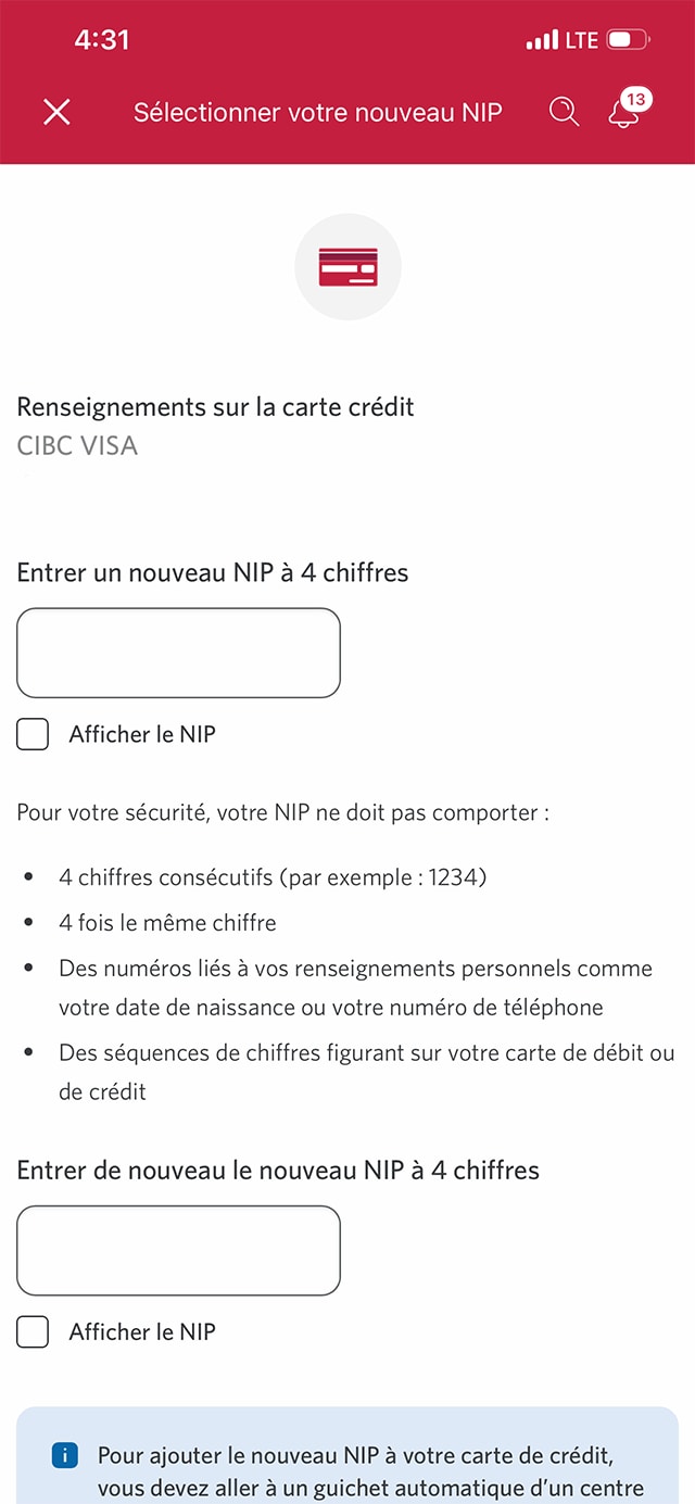 Écran 4 de la démonstration : Boîte de dialogue superposée vous permettant de choisir votre nouveau NIP. Une animation dynamique met en évidence le champ de modification Entrez un nouveau NIP à 4 chiffres.