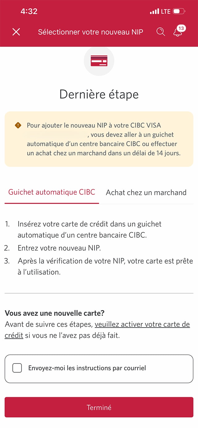Écran 6 de la démonstration : Page Sélectionner votre nouveau NIP contenant des instructions pour confirmer votre NIP en personne. Une animation dynamique met en évidence l’onglet Achat en magasin.