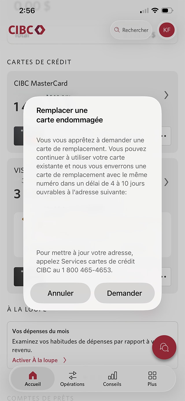 Écran 10 de la démonstration : Page Gérer ma carte avec un menu superposé pour remplacer une carte. Une animation dynamique met en évidence le bouton Demander.
