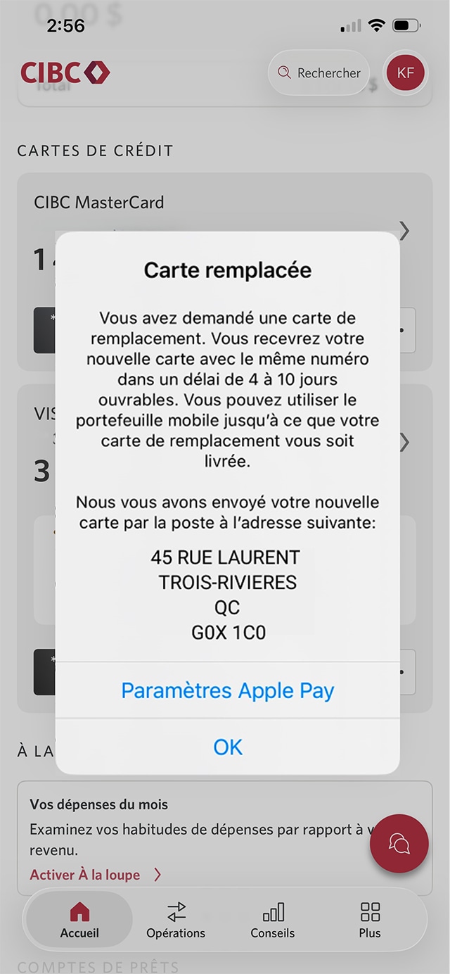 Écran 11 de la démonstration : Message de confirmation indiquant qu’une carte de remplacement a été demandée. Aucune animation dynamique.