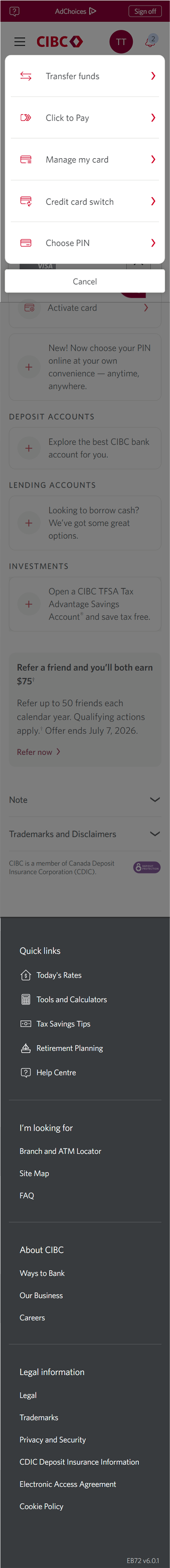 Demo screen 3: CIBC Online Banking homepage with a dropdown menu. A pulsing animation highlights the "Manage my card" link.