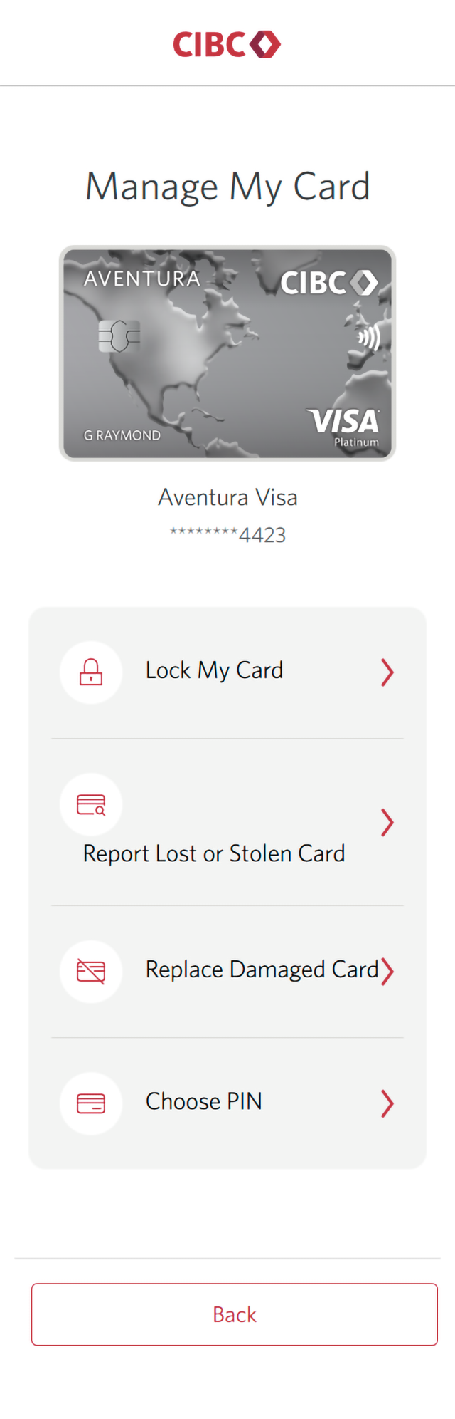 Demo screen 4: Manage My Card page for a card. A pulsing animation highlights the "Choose PIN" button on a list of actions.