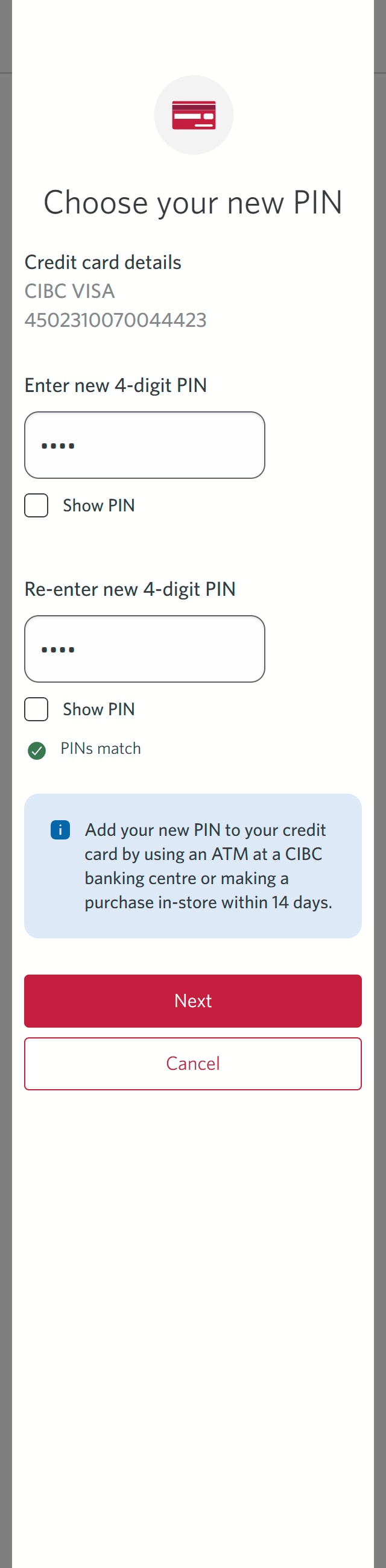 Demo screen 6: Dialog overlay to choose your new PIN. A pulsing animation highlights the "Next" button.