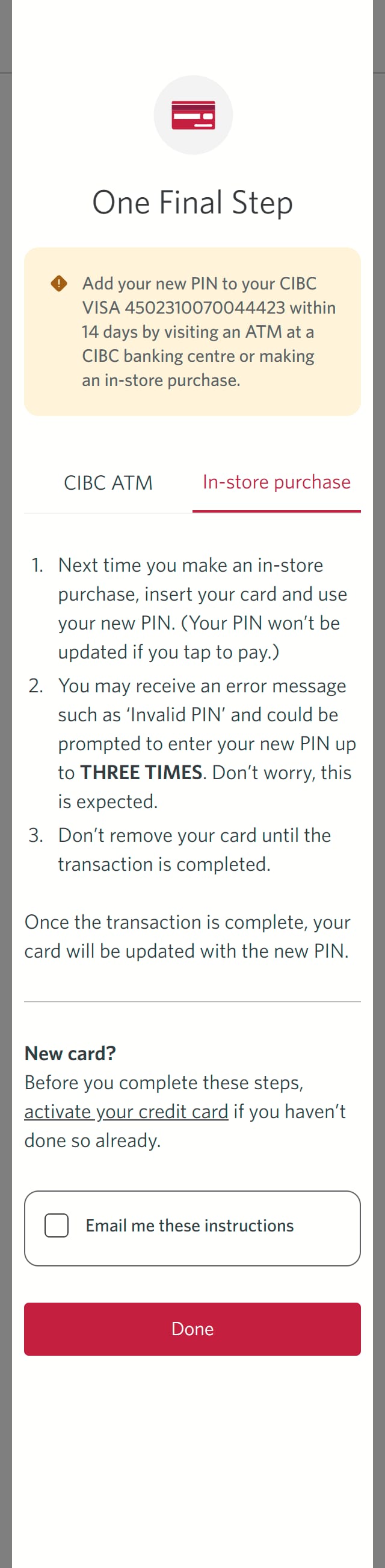 Demo screen 10: Dialog overlay with instructions to confirm your PIN in-person. A pulsing animation highlights the "Done" button.
