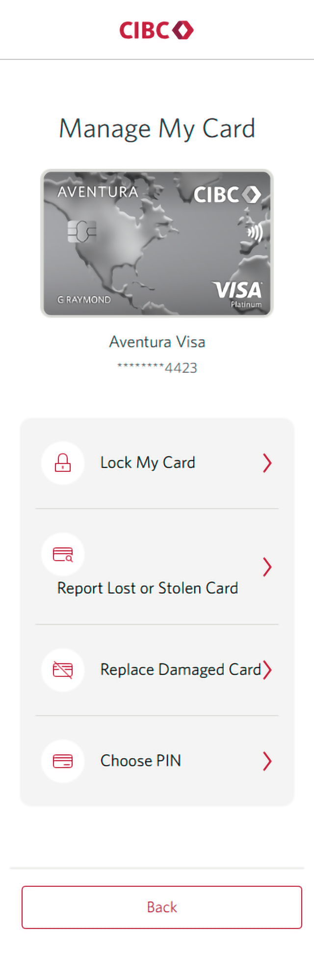 Demo screen 11: Manage My Card page for a card. A pulsing animation highlights the "Replace Damaged Card" button on a list of actions.