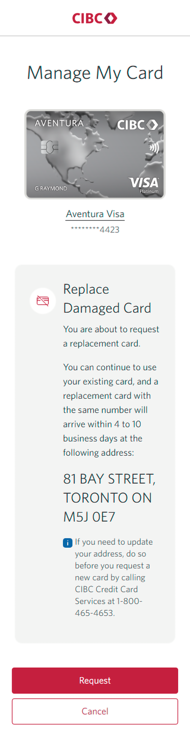 Demo screen 12: Manage My Card page for a card. A pulsing animation highlights the "Request" button.