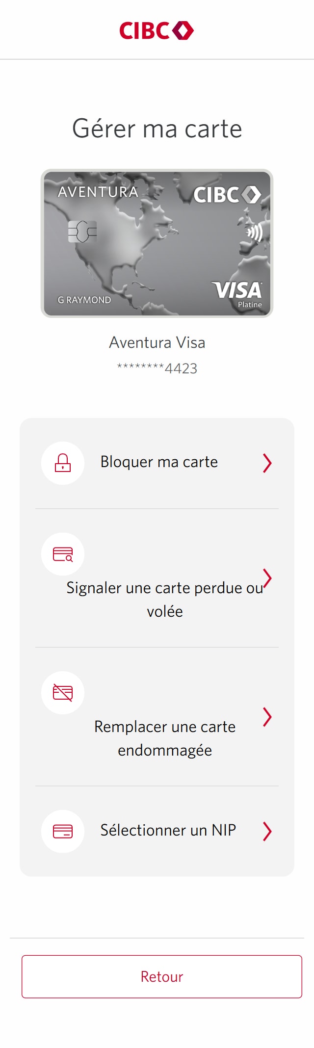 Écran 4 de la démonstration : Page Gérer ma carte pour une carte. Une animation dynamique met en évidence le bouton « Sélectionner un NIP » dans une liste d’actions.