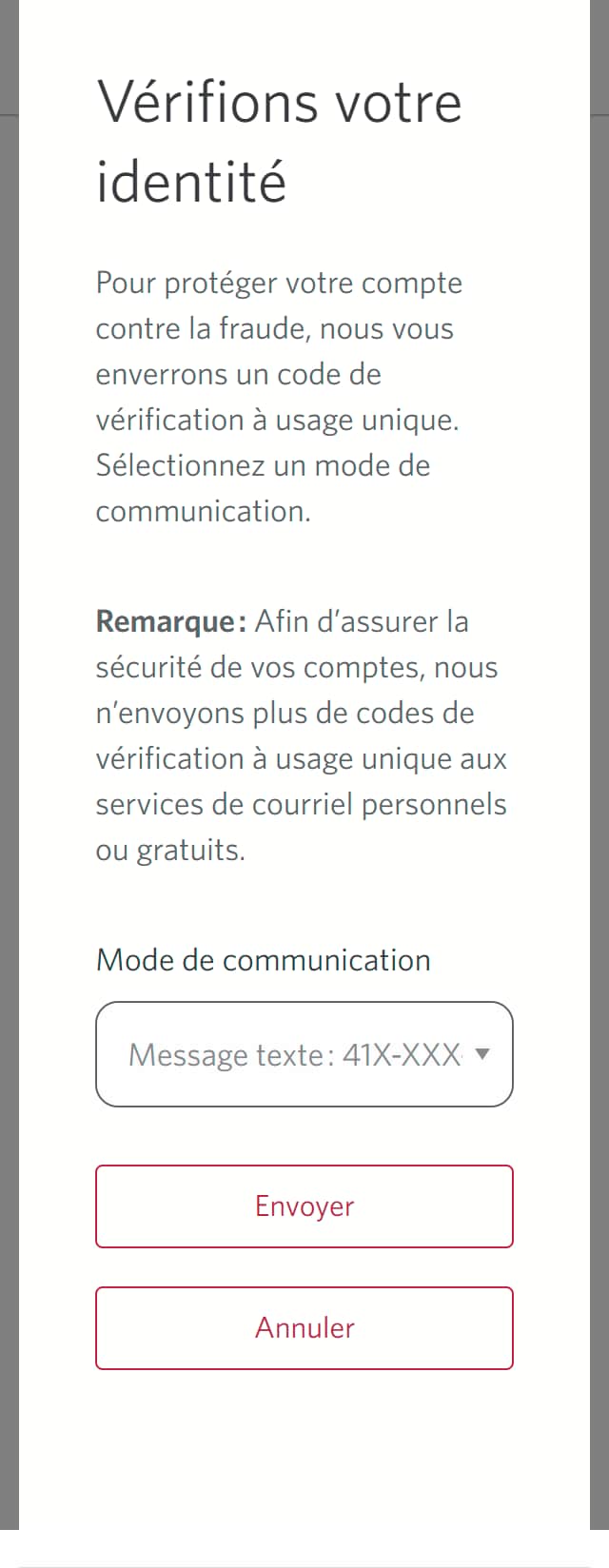 Écran 7 de la démonstration : Boîte de dialogue superposée avec un formulaire pour confirmer l’identité. Une animation dynamique met en évidence le bouton Envoyer le code.