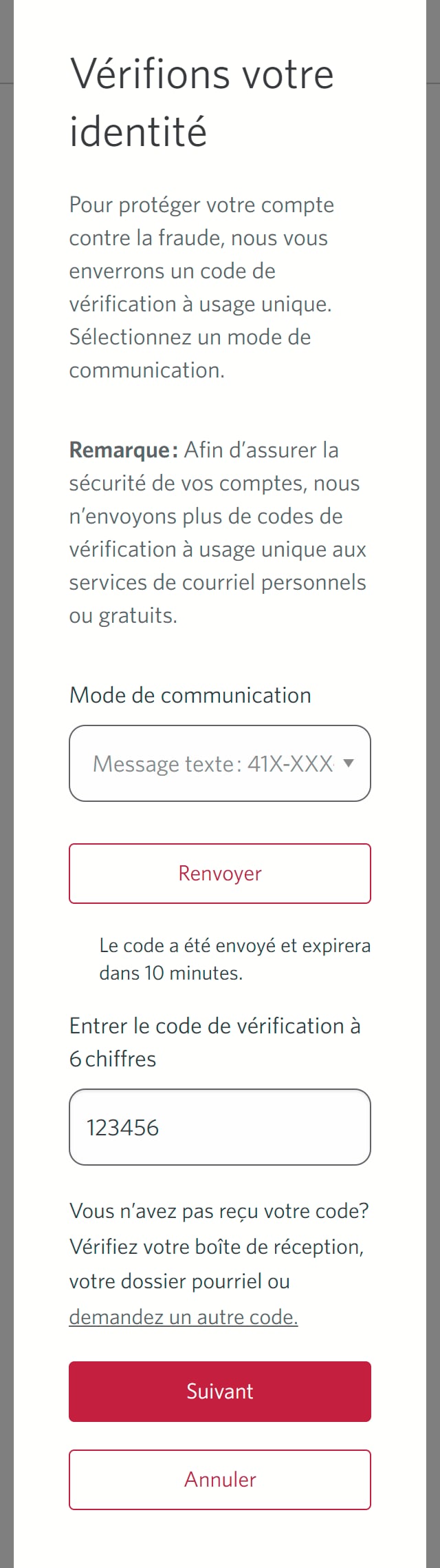 Écran 8 de la démonstration : Boîte de dialogue superposée avec un formulaire pour confirmer l’identité. Une animation dynamique met en évidence le bouton Suivant.