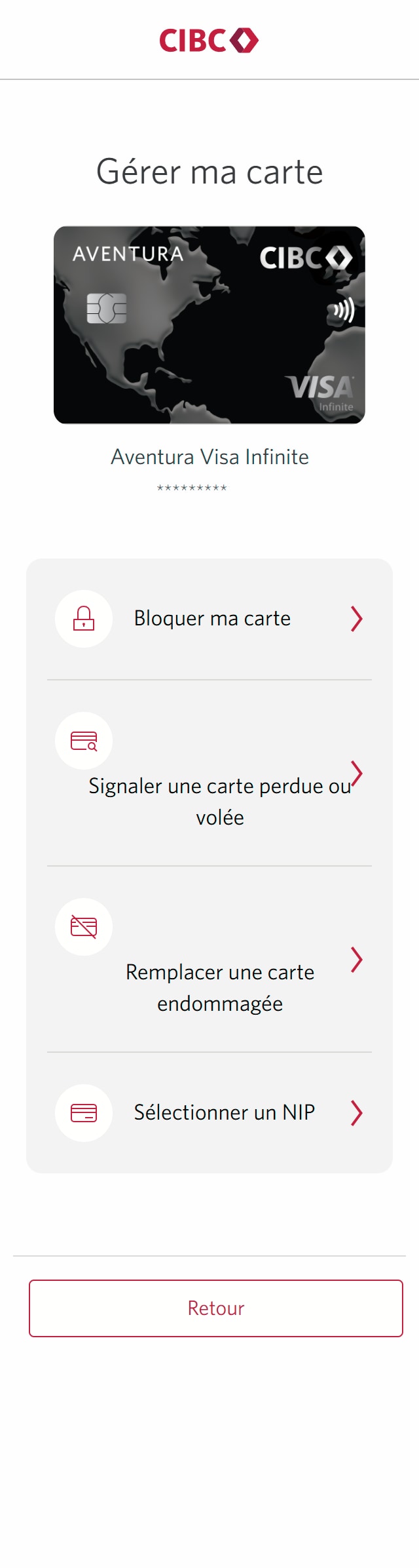 Écran 11 de la démonstration : Page Gérer ma carte pour une carte. Une animation dynamique met en évidence le bouton « Remplacer une carte endommagée » dans une liste d’actions.
