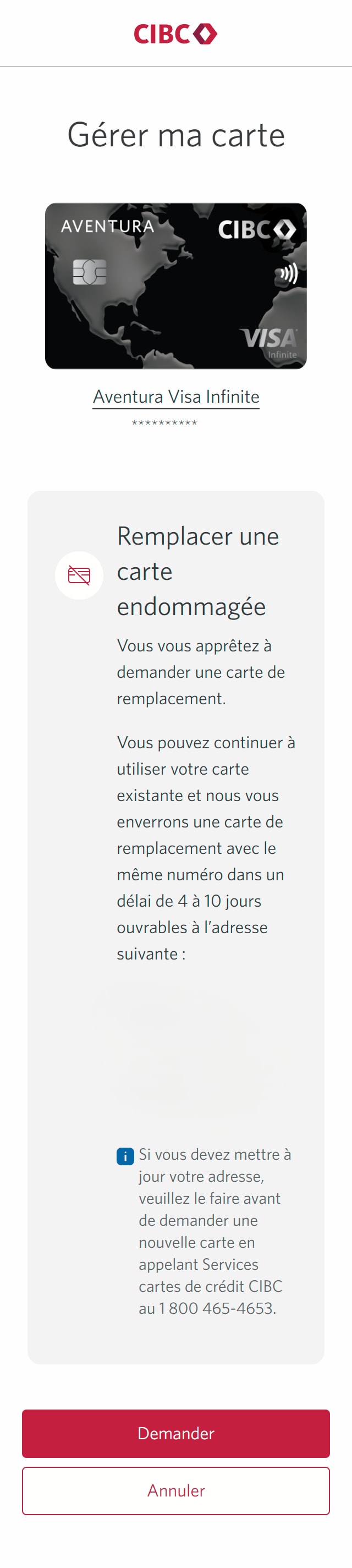 Écran 12 de la démonstration : Page Gérer ma carte pour une carte. Une animation dynamique met en évidence le bouton Demander.