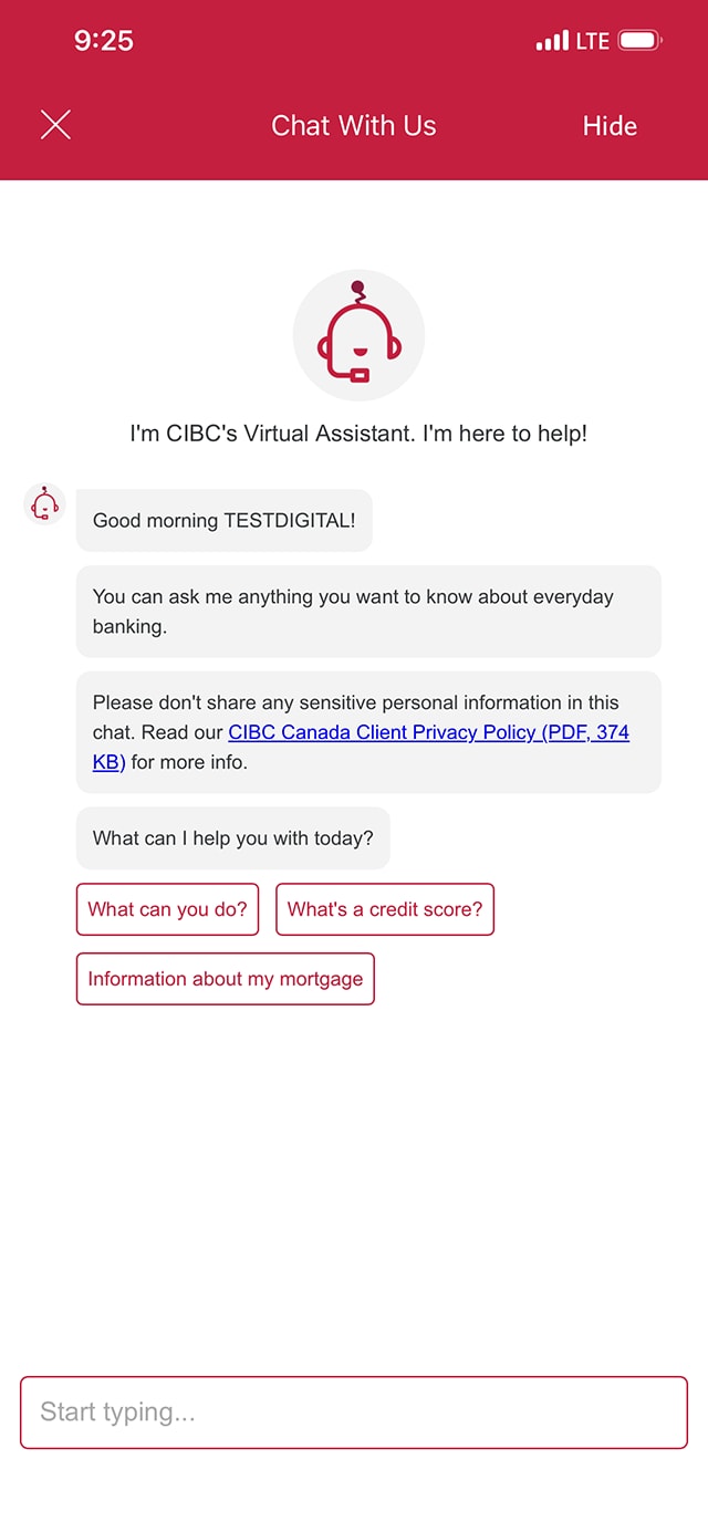 Demo screen 3: CIBC Mobile Banking App CIBC Virtual Assistant. A pulsing animation highlights "close chat" button to close window.