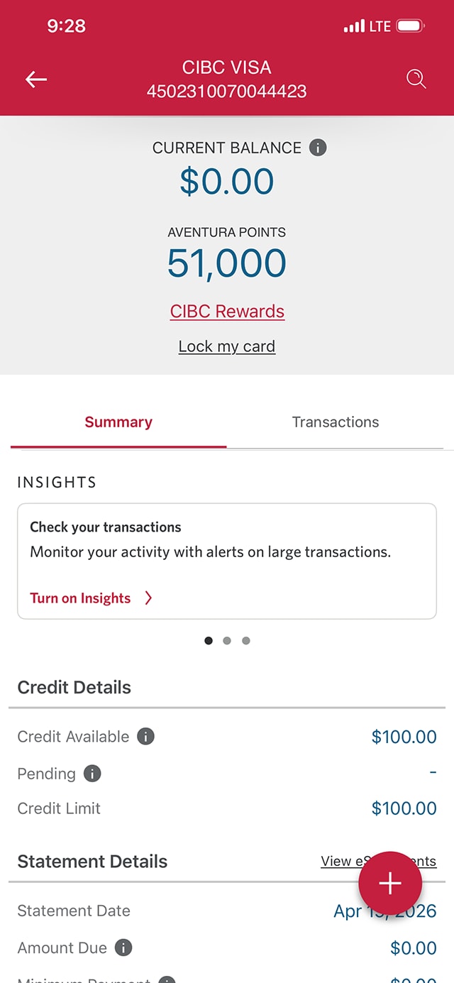 Demo screen 5: CIBC Mobile Banking App account summary page. A pulsing animation highlights the "Transactions" tab.