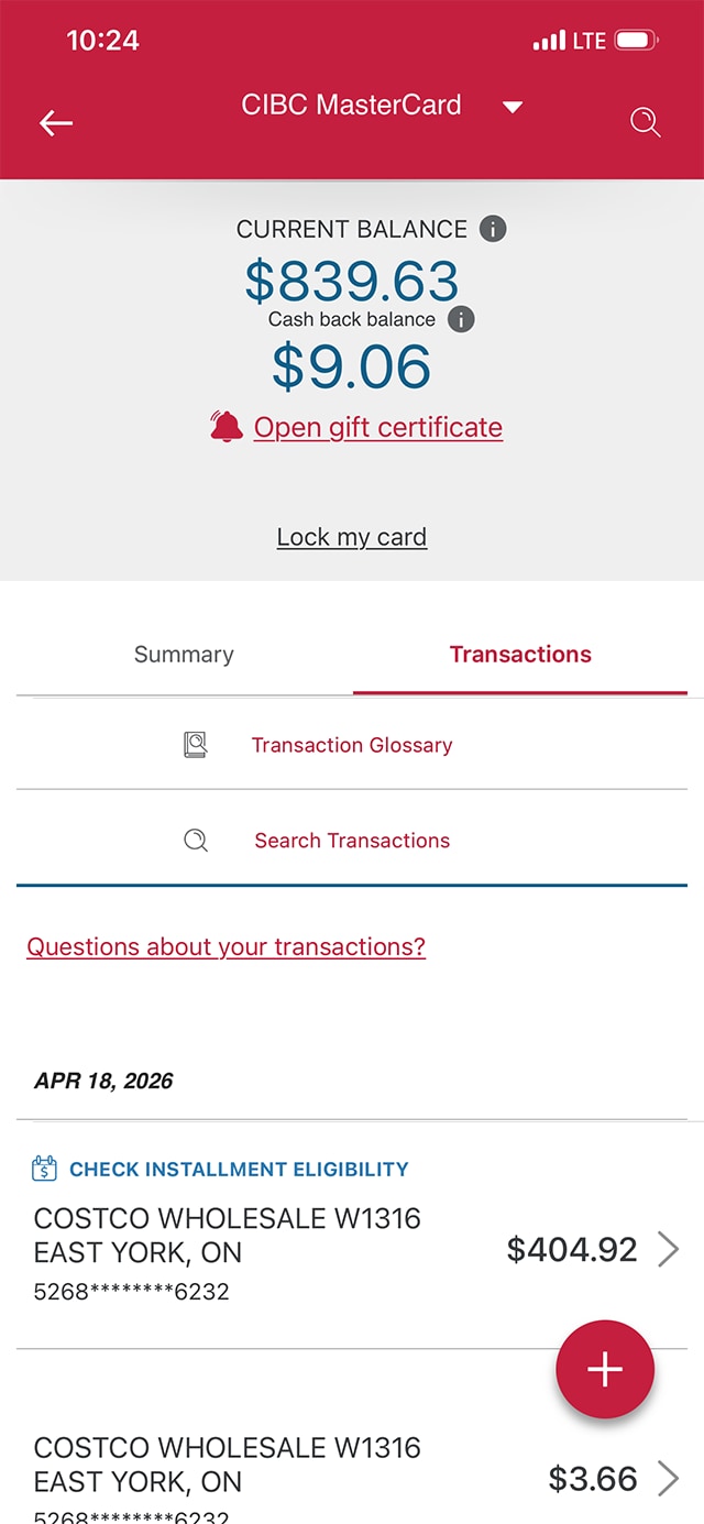 Demo screen 6: CIBC Mobile Banking App transaction history. A pulsing animation highlights a transaction.