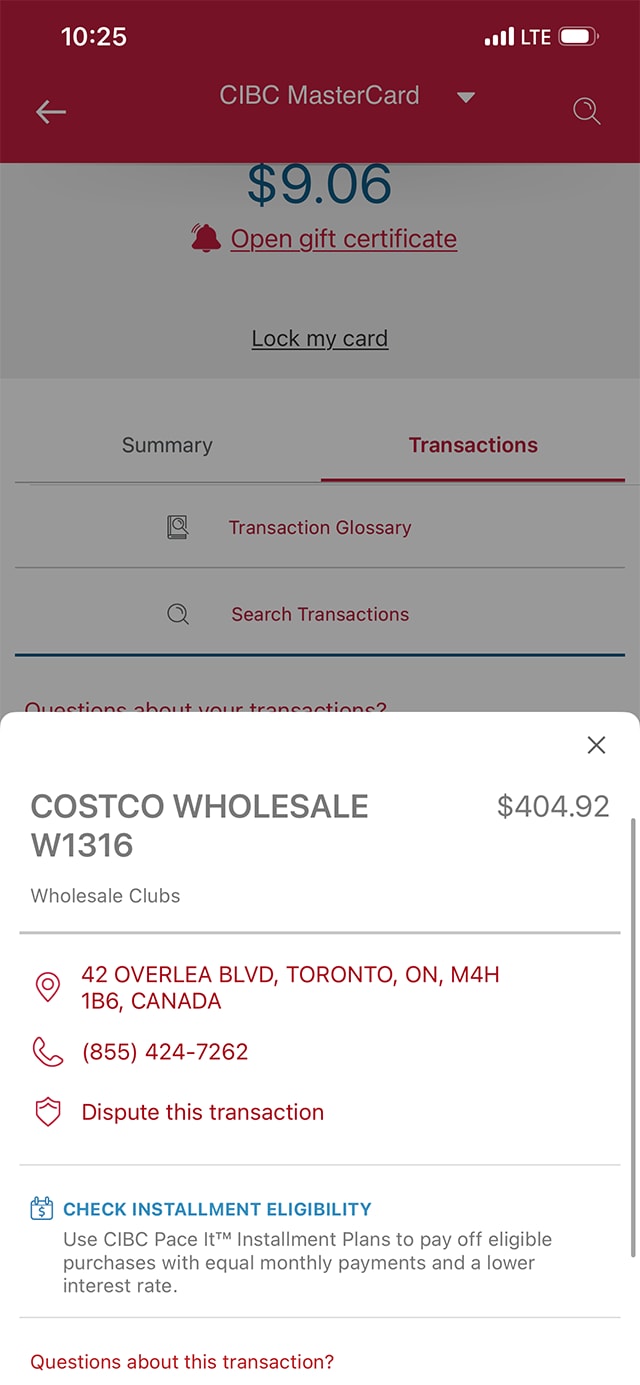 Demo screen 7: CIBC Mobile Banking App transaction history. A pulsing animation highlights the "close button" to close window.