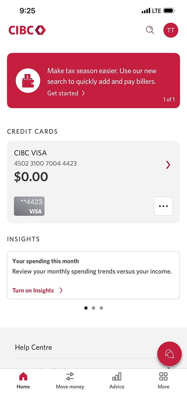 Demo screen 9: CIBC Mobile Banking App Homepage. A pulsing animation highlights the "Move money" tab. 