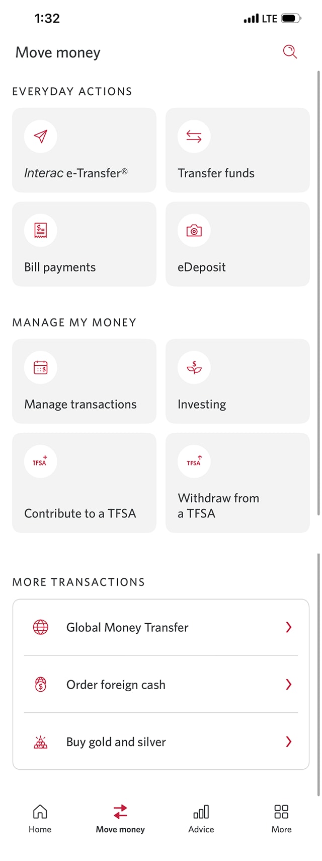 Demo screen 10: CIBC Mobile Banking App move money menu. A pulsing animation highlights the "More" tab.