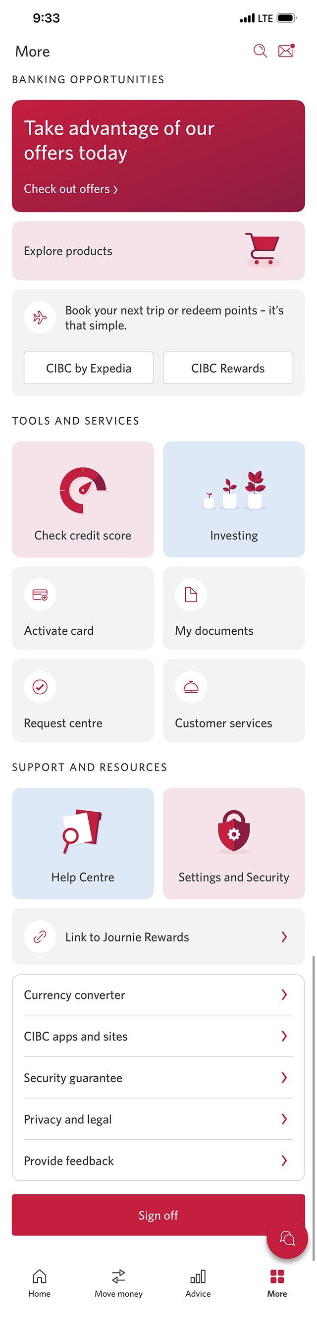 Demo screen 11: CIBC Mobile Banking App Move more menu. A pulsing animation highlights the "Help Centre" button.