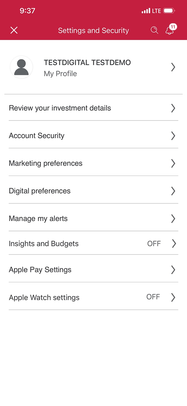 Demo screen 14: CIBC Mobile Banking App settings and security page. A pulsing animation highlights "My Profile button".