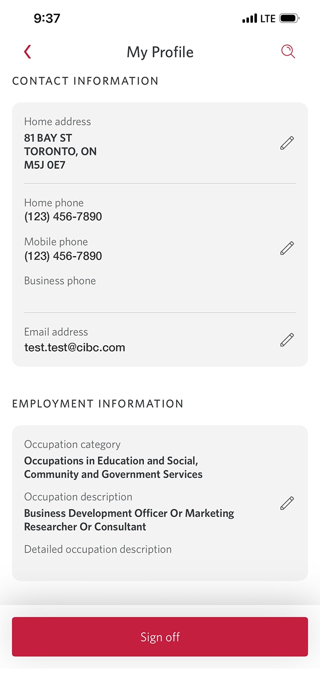 Demo screen 15: CIBC Mobile Banking App my profile. A pulsing animation highlights the back button. 