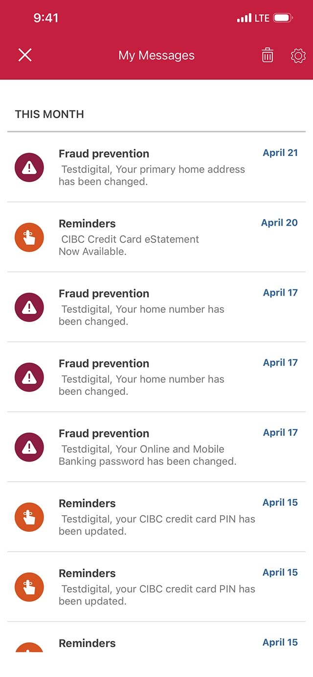 Demo screen 18: CIBC Mobile Banking App Communications Hub. A pulsing animation highlights the "close button" to close the window.