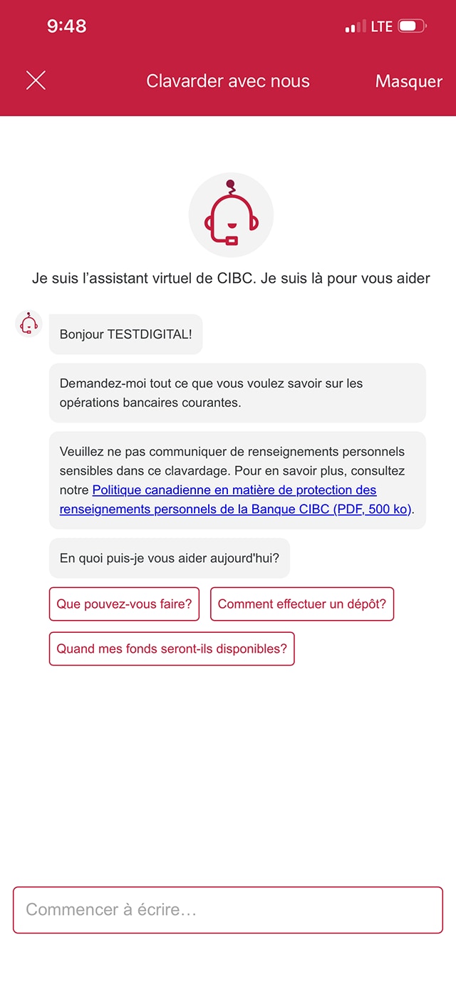 Écran 3 de la démonstration : Assistant virtuel CIBC de l’application Services bancaires mobiles CIBC. Une animation dynamique met en évidence le bouton de fermeture du clavardage pour fermer la fenêtre.