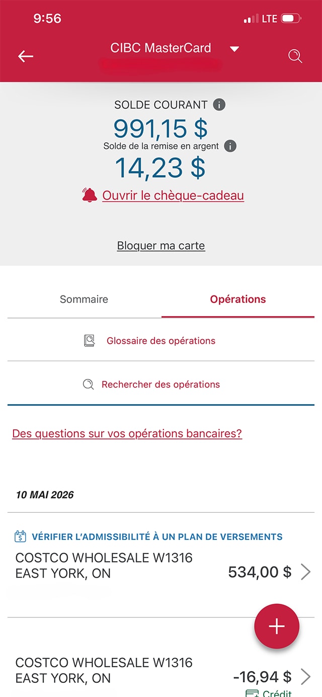 Écran 6 de la démonstration : Historique des opérations de l’application Services bancaires mobiles CIBC. Une animation dynamique met en évidence une opération.