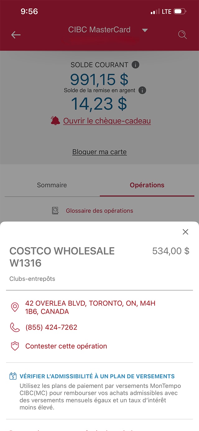 Écran 7 de la démonstration : Historique des opérations de l’application Services bancaires mobiles CIBC. Une animation dynamique met en évidence le bouton de fermeture pour fermer la fenêtre.