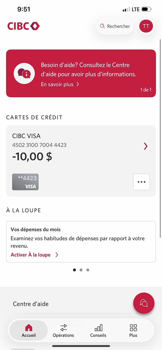 Écran 9 de la démonstration : Page d’accueil de l’application Services bancaires mobiles CIBC. Une animation dynamique met en évidence l’onglet Opérations.