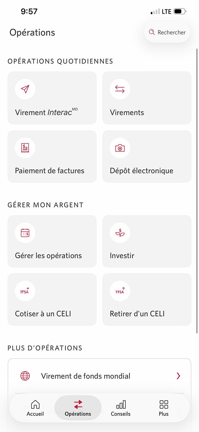 Écran 10 de la démonstration : Menu Opérations de l’application Services bancaires mobiles CIBC. Une animation dynamique met en évidence l’onglet Plus.