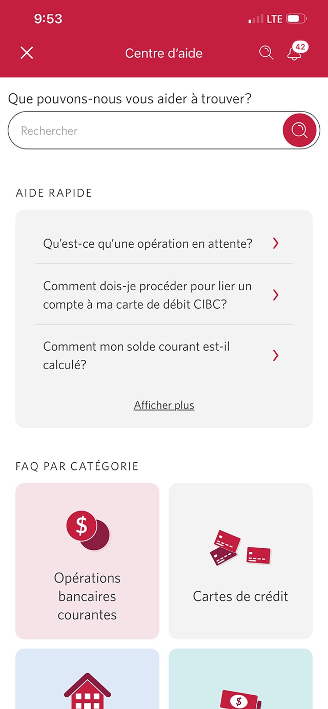 Écran 12 de la démonstration : Centre d’aide de l’application Services bancaires mobiles CIBC. Une animation dynamique met en évidence le bouton de fermeture pour fermer la fenêtre.